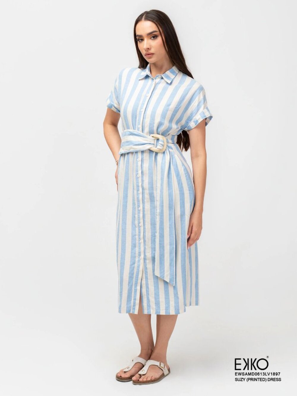 Blue and White Striped Linen Blend Button Down Dress with Belt Size 12